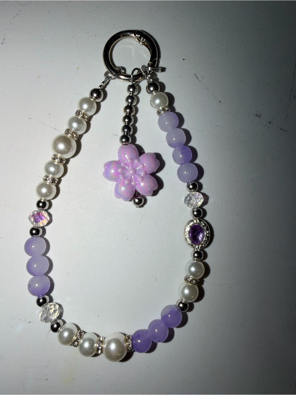 Lavender Pearl Flower Charm Bracelet Keyring